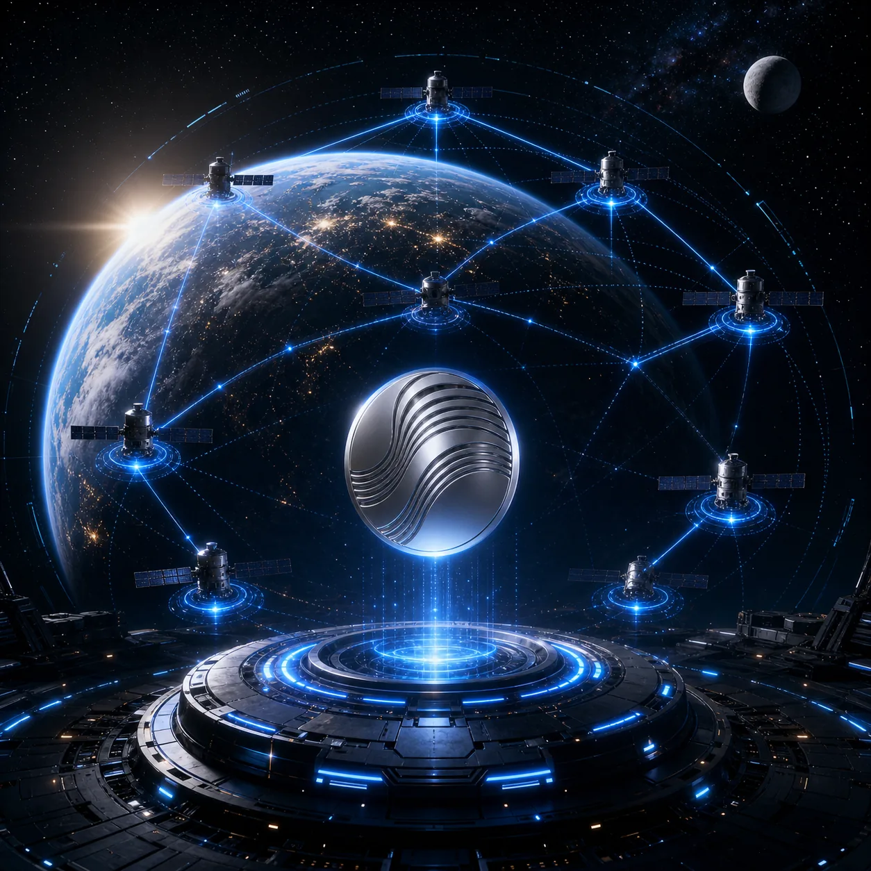 Satellite network around Earth representing GrokSPX multi-chain settlement